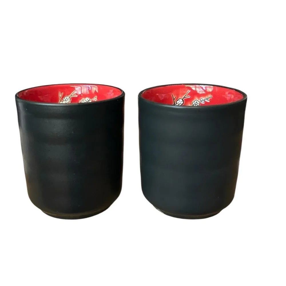 2 VISUN Sake Tea Cups Matte Black Red Floral Dogwood Branches Asian 3.25